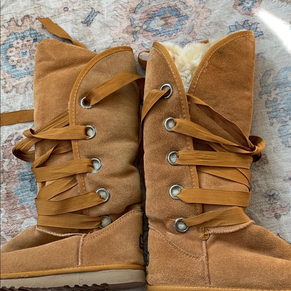 Tall Ugg Nomad ribbon lace up boots sherpa lined suede leather flats - Picture 14 of 16